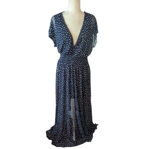 Kate And Lily Blue Polka Dots Maxi Long Sundress Flutter Sleeves V Neck Dress 14